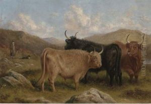 Highland Cattle, A Herdsman And His Dog Beyond Highland Cattle, A Herdsman And His Dog Beyond