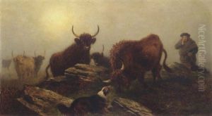 Cattle, Highlander And Dogs In A Landscape Cattle, Highlander And Dogs In A Landscape