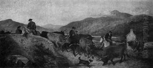Highland Drovers Crossing A Bridge by Aster R. C. Corbould