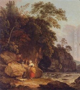 A View In Suffolk With Figures In The Foreground By A Stream by Corbould, Richard