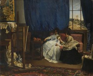 Deux Femmes Assises, Regardant Un Tableau Dans Un Atelier