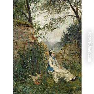 A Summer Landscape With An Elegant Lady At Rest by Ricardo (Federico) Corchon y Diaque
