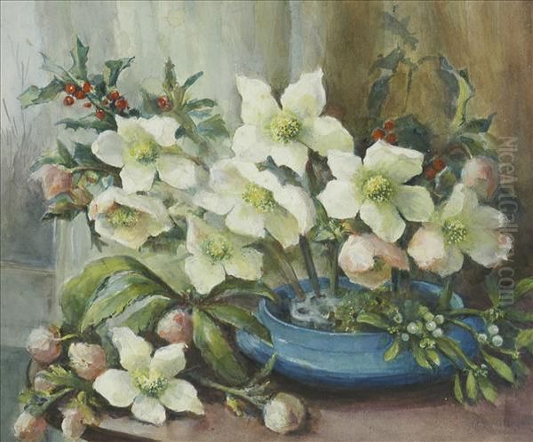 Christmasroses And Holly In A Blue Earthenware Bowl - view 1