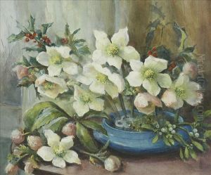 Christmasroses And Holly In A Blue Earthenware Bowl