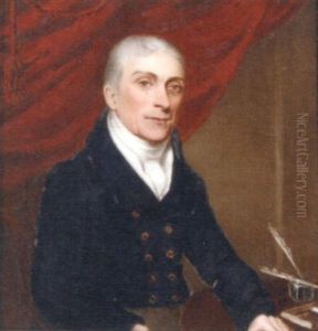 Charles Pennington M.d., In A Black Coat And White Waistcoat And Cravat, His Left Arm Leaning On A Table With A Quill And Ink; Crimson Drapery Background