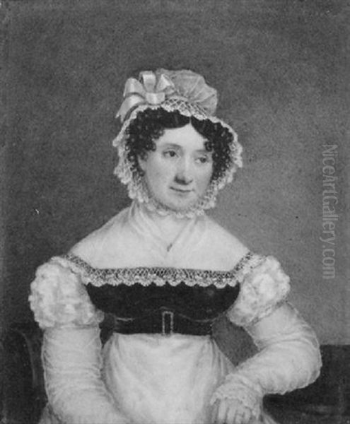Mrs. Evans, Resting Her Left Arm On A Table, Wearing White Dress With Gauze Sleeves And Fichu - view 1