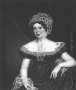 Lady Seated Before A Red Curtain, Wearing Crimson Dress With Lace Collar And Bonnet