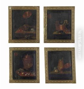 Copper Vessels, Oranges, Cherries And Vegetables On A Wooden Table And Others (4 Works) by Johannes Cordua