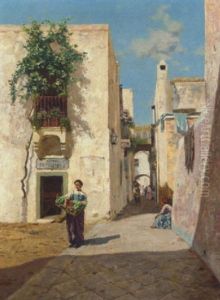 A Sunny Street In Capri by Augusto Corelli