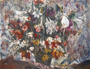 Blumenkorb Mit Amaryllis, Flieder, Rosen Und Tulpen (flower Basket With Amaryllis, Lilac, Roses And Tulips) by Lovis (Franz Heinrich Louis) Corinth