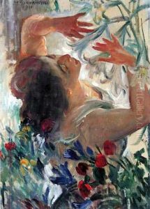 Frau Mit Lilien Im Treibhaus