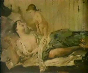 Tandelei, Ii. Fassung. Charlotte Corinth Wirft Scherzend Derkleinen Tochter Ein Rotes Bandchen Zu by Lovis (Franz Heinrich Louis) Corinth