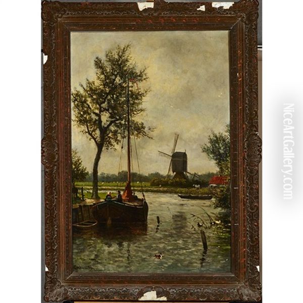 Boaters By A Farm With Windmill - view 1