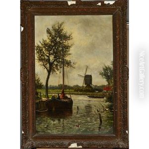 Boaters By A Farm With Windmill
