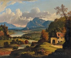 Idyllic Landscape With Lake, Castle, And Distant Town by Michele Felice Corne