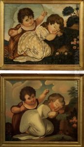 Portrait Of Two Children In Landscape (+ Another, Watercolor On Silk; Pair) by Michele Felice Corne