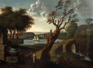 Idyllic Landscape Figures With Bridge And Ship On A River Idyllic Landscape Figures With Bridge And Ship On A River