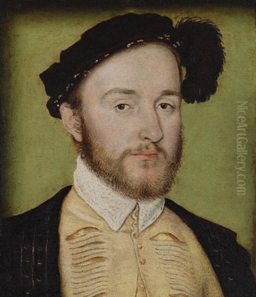 Portrait Of Charles De La Rochefoucauld In A Slashed Doublet, Black Coat And Feathered Cap - view 1