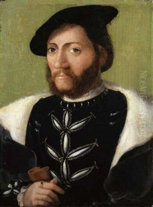 Portrait Of A Bearded Gentleman In A Black Velvet Doublet With A Fur-lined Cloak And Black Cap, Holding A Glove In His Right Hand Portrait Of A Bearded Gentleman In A Black Velvet Doublet With A Fur-lined Cloak And Black Cap, Holding A Glove In His Right Hand