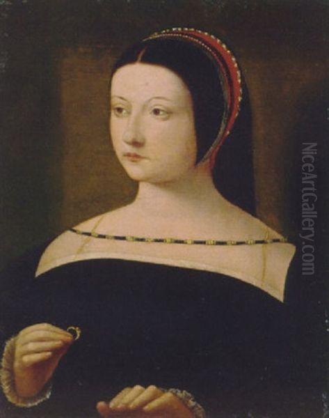 Portrait Of A Lady In A Black Dress, Holding A Jewelled Ring In Her Right Hand - view 1