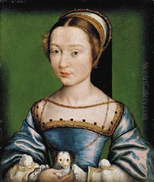 Portrait Of A Lady In A Blue Dress, Holding A Puppy - view 1