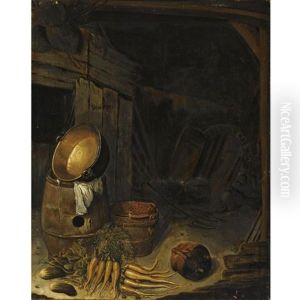 Barn Interior With A Still Life Of Carrots, Gherkins, A Barrel And A Copper Pot, With An Earthenware Bowl And A Strainer Barn Interior With A Still Life Of Carrots, Gherkins, A Barrel And A Copper Pot, With An Earthenware Bowl And A Strainer