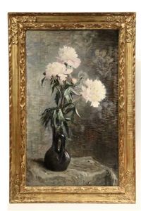 Still Life Of White Peonies In A Black Jar by Marie-Lucie Cornelius