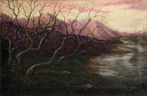 Wintery Sunset With Mountains In The Distance by Paul Cornoyer