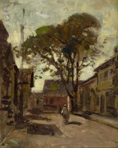 View Of A Town Square With A Man by Paul Cornoyer