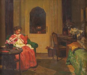 Dame Bei Der Handarbeit Im Salon by Hermann Angermeyer