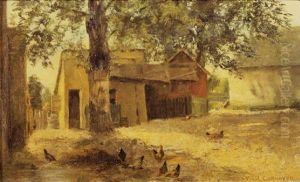 Farm Scene With Chicken Feeding In Front Of A Chicken Coop by Paul Cornoyer