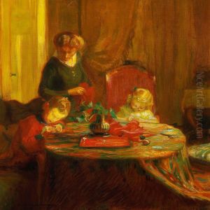 Interior With Mother And Two Children by Hermann Angermeyer
