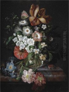 A Still Life With Carnations, An Iris, Morning Glory And Other Flowers In A Glass Vase On A Ledge With A Beetle