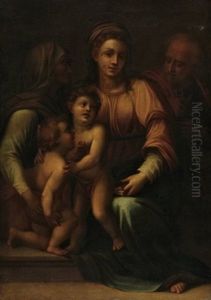 Maria Mit Jesus- Und Johannesknabe. Im Hintergrund Elisabeth Und Josef by Antonio Allegri da Correggio