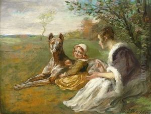 Mutter Und Kind Neben Ruhender Dogge In Fruhlingswiese Mutter Und Kind Neben Ruhender Dogge In Fruhlingswiese