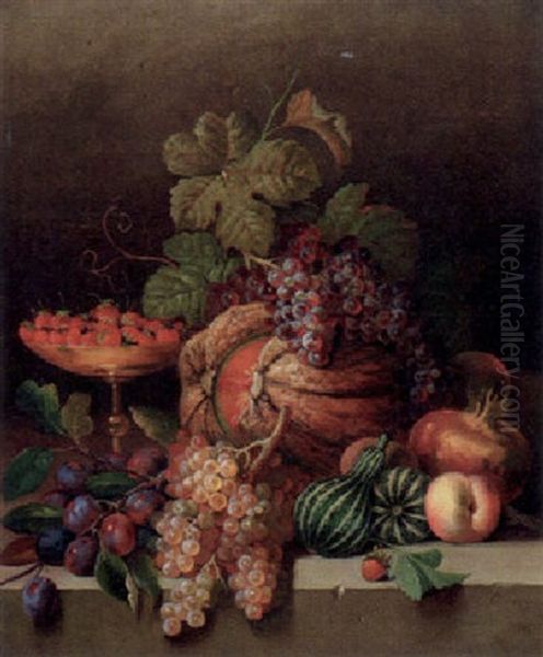 Fruchtestilleben Mit Kurbis, Roten Und Weisen Trauben, Pflaumen, Erdbeeren Auf Einer Schale, Quitten Und Anderem Obst - view 1