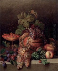 Fruchtestilleben Mit Kurbis, Roten Und Weisen Trauben, Pflaumen, Erdbeeren Auf Einer Schale, Quitten Und Anderem Obst