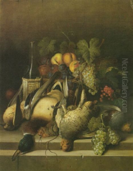 A Still Life With Fruit In A Basket And A Mallard, Partridges And Other Birds On A Ledge - view 1