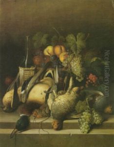A Still Life With Fruit In A Basket And A Mallard, Partridges And Other Birds On A Ledge