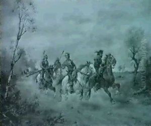 Galoppierende Reiter In Gewandung Des 16.jhs. Auf Einem Weg Am Waldrand by Joseph Correggio