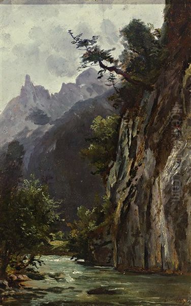 Felsige Flusslandschaft Mit Aufragendem Massiv Und Sonnigem Lichteinfall - view 1