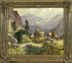 Hauser Inmitten Einer Talsohle Umgeben Von Bergen In Der Steiermark by Ludwig Correggio