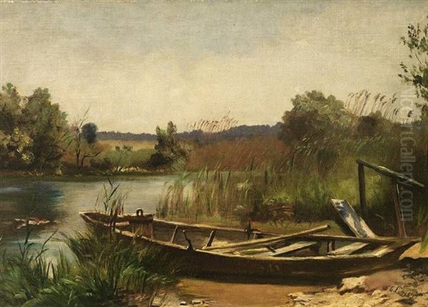 Sommerliche Flusslandschaft Mit Angelegtem Nachen - view 1