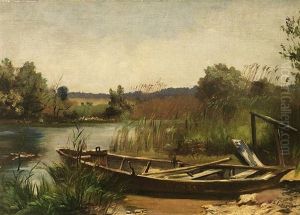 Sommerliche Flusslandschaft Mit Angelegtem Nachen