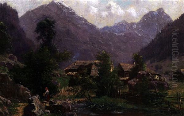 Sommerliche Gebirgslandschaft Mit Kleinem Dorf, Bachlauf Und Figurenstaffage - view 1
