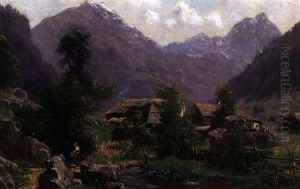 Sommerliche Gebirgslandschaft Mit Kleinem Dorf, Bachlauf Und Figurenstaffage
