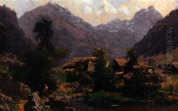 Sommerliche Gebirgslandschaft Mit Kleinem Dorf. Bachlauf Und Figurenstaffage - view 1