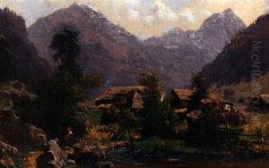 Sommerliche Gebirgslandschaft Mit Kleinem Dorf. Bachlauf Und Figurenstaffage by Ludwig Correggio