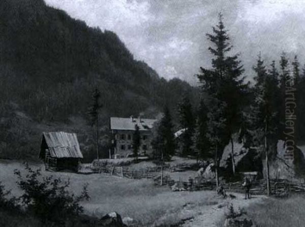 Gebirgslandschaft Mit Rastenden Jagern Nahe Einem Gehoft - view 1