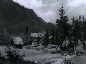 Gebirgslandschaft Mit Rastenden Jagern Nahe Einem Gehoft by Ludwig Correggio